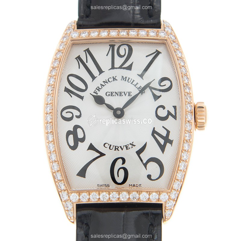 Franck Muller 2852 QZ D 1R Replica - Quartz - 18kt Rose Gold Case - White Dial on Black Alligator Strap - Luxury Replica MASTER OF COMPLICATION Watch